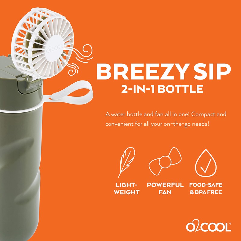 O2COOL Breezy Sip Water Bottle With Removeable Handheld Battery Powered