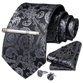 DiBanGu Paisley Ties for Men Silk Necktie and Pocket Square Cufflinks Tie Clip Set Woven Classic Mens Tie for Wedding Party, Black and Grey