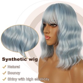 LANCAINI Short Bob Wigs with Bangs for Women Loose Wavy Wig Curly Wavy Shoulder Length Bob Synthetic Cosplay Wig for Girl Colorful Costume Wigs (Ice Blue)