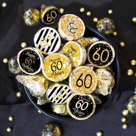 Black and Gold 60th Birthday Party Favor Stickers - 180 Labels