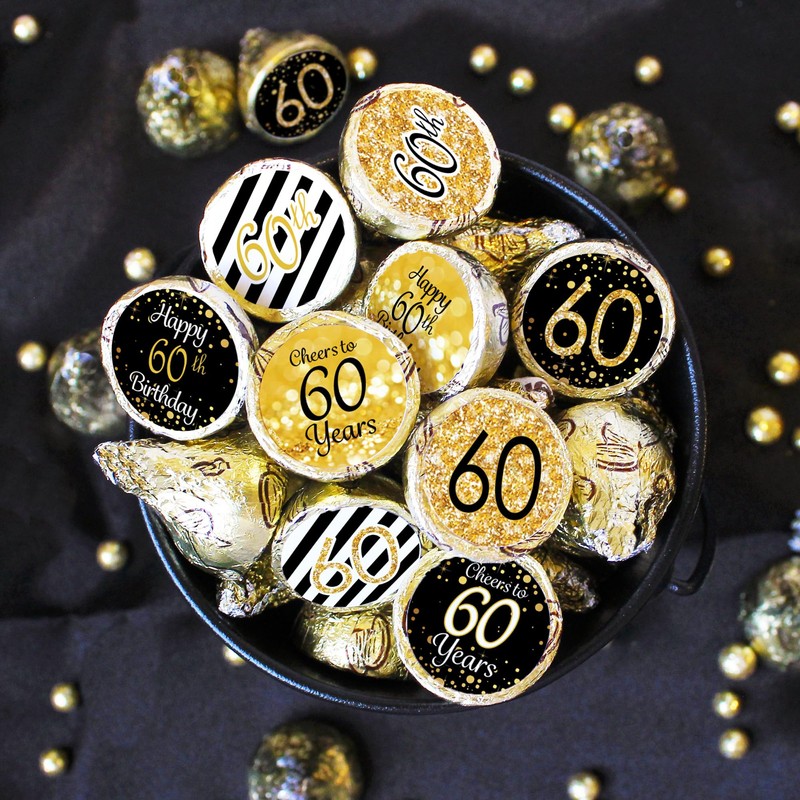 Black and Gold 60th Birthday Party Favor Stickers - 180