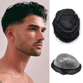 Toupee for Men Hair Replcement System Mens Toupee Full Poly Thin Skin Human Hair Piece All PU Injection Toupee Hair Systems (8X10'', OFF BLACK 1B#), 3 Fl Oz