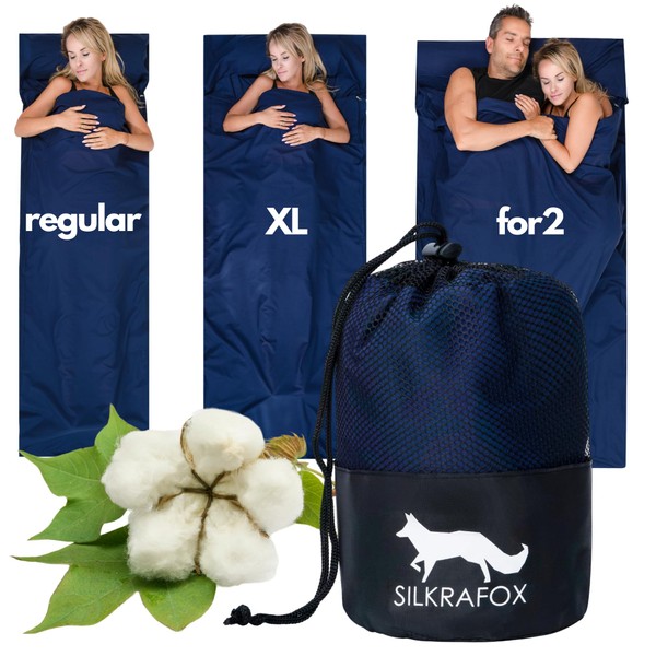 Silkrafox Cotton XL Gigoteuse extra large en coton avec fermeture éclair et compartiment à coussins, léger, pour l'été, incrustation de voyage, petit sac de couchage fin, ultra léger, avec sac bleu