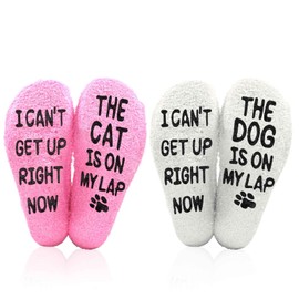FIDWALL 2 Pairs Animal Socks Women for Dog Lovers and Cat Lovers,Novelty Warm Socks Women,Fuzzy Non-slip Socks Women,Unusual Funny Birthday Socks for Mum Wife Girlfriend,Plush One Size Socks