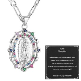 HZMAN 14K Gold Plated Virgin Mary Prayer Necklace Our Lady of Guadalupe Amulet Pendant for Women Jewelry Gift, Brass, Cubic Zirconia