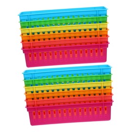 Operitacx 12pcs Colorful Plastic Pencil Baskets Long Narrow Desk Organizer for Students and Teachers Classroom Storage for Crayons Small Supplies Lightweight Stationery Organiser