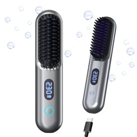 Cordless Hair Straightener Brush - Portable Straightener Brush with 9 Temp Settings, Mini Straightening Comb for Travel, 9600mAh Rechargeable Batt & 224 Million Negative Ions (Metallic Grey)