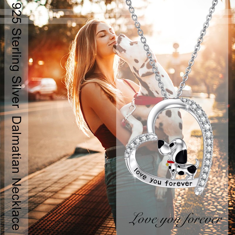 Hagkew Heart Puppy Necklace 925 Sterling Silver CZ Dalmatian Dog