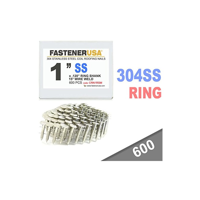 1" Ring 304SS Coil Roofing Nails 600ct