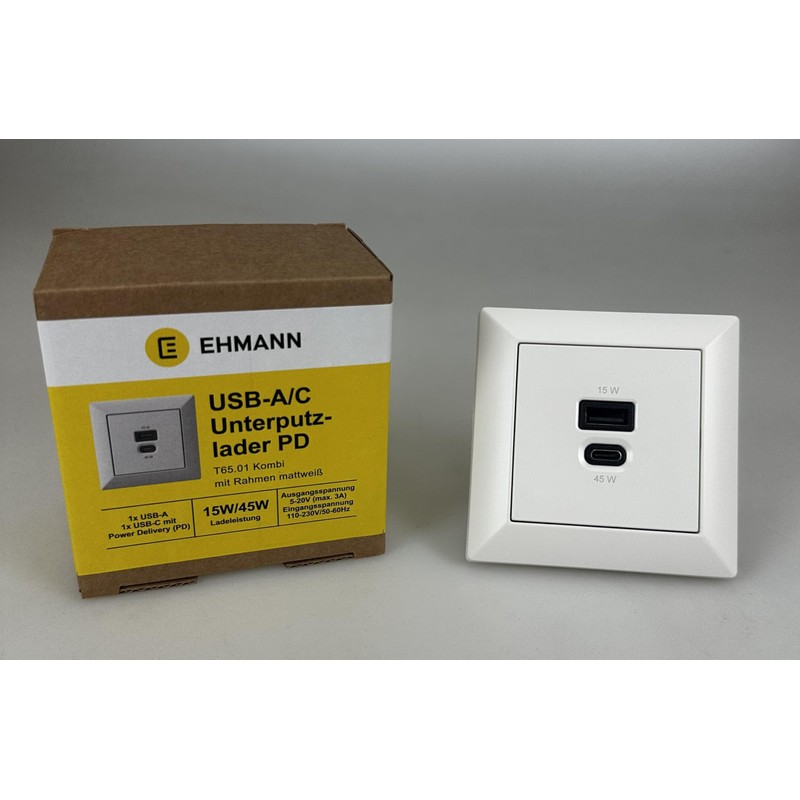 Flush-Mounted USB Charging Station, USB-C 45 Watt + USB-A 15