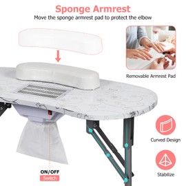 Towallmark Updated Manicure Nail Table on Wheels with Built-in Dust Collector, Portable LED Table Lamp, Carry Bag for Home Spa Beauty Salon Workstation, Adjustable Height, White