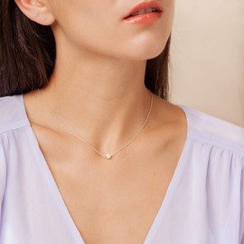 Single Pearl Choker Necklace, 925 Sterling Silver or 14K Gold Filled Fine Chain, Simple Dainty White Freshwater Pear Pendant, Made in USA, 13"-16" Adjustable (TinyPearlChoker/GF16)