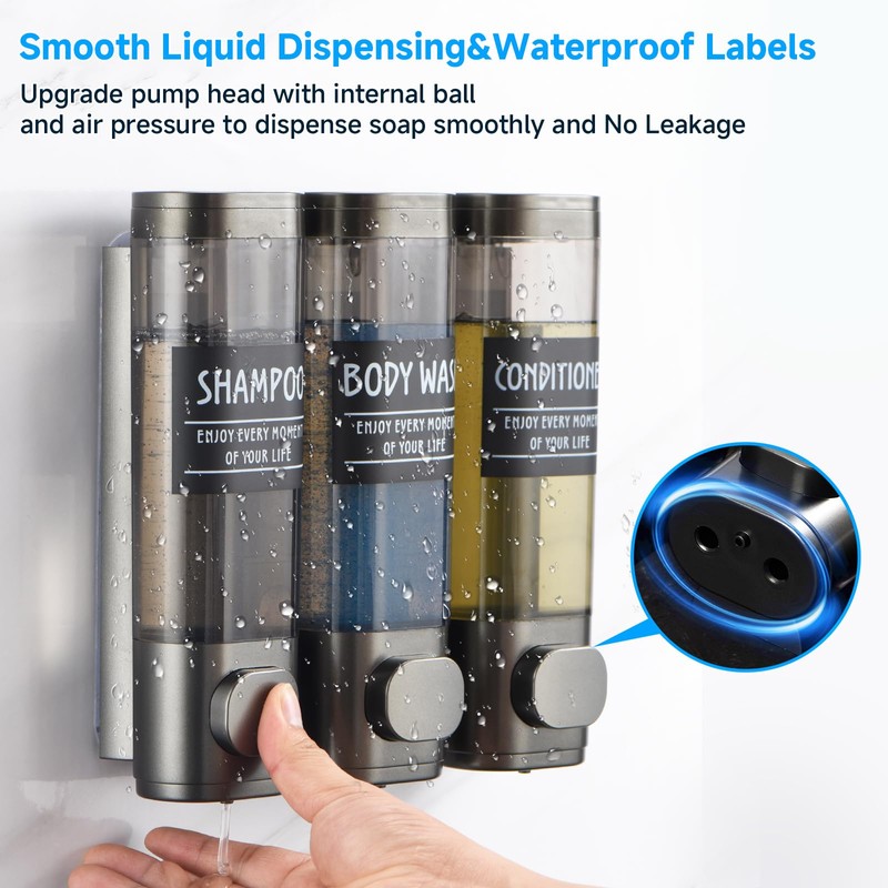 Shampoo and Conditioner Dispenser,GlintGath Shower Dispenser 3 Chamber No Drill