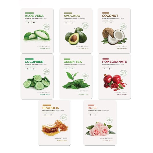 Natural Peau [8 Variety Packs] Hydrating Collagen Essence Face Mask (28 g / 0.99 oz.)