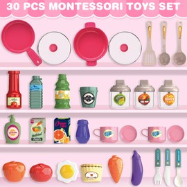 Play Kitchen Set, Kids Kitchen Playset with Realistic Sound & Light, Cooking Stove, Sink, Play Food and Accessories, 57 Pcs Kitchen Toys Gifts for Toddlers 2-4 3-5 Girls (Pink)