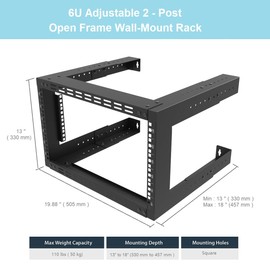 JINGCHENGMEI 6U Wall Mount Rack- 19 Inch Vented Server Rack Open Frame Bracket for AV, IT, Networking Equipments 13"-18" Adjustable Depth Black (6UVented)