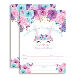 Bunny Face with Pink Blue and Purple Watercolor Flowers Easter Birthday Party Invitations for Girls, 20 5"x7" Fill in Cards with Twenty White Envelopes by AmandaCreation