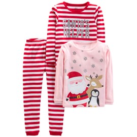 Simple Joys by Carter's - Conjunto de pijama unisex de 3 piezas para niños pequeños, de algodón, ajuste cómodo, rojo, rayas/Santa, 3T