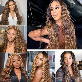 Highlight Human Hair Bundle Blonde Deep Wave Bundle Human Hair Weave Mixed Length 2 Bundles 24 24 Inch Peruvian Hair 2 Tone Brown and Honey Blonde Bundle Human Hair Extensions