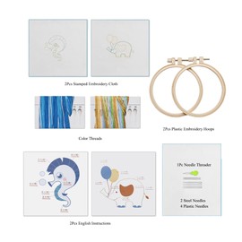 Ebherys Level1 hand embroidery kit for beginners starters,not cross stitch, 2 cute patterns 2 hoops needlepoint kit, DIY work instructions (Sea Horse and Elephant)