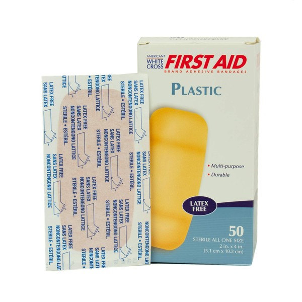 American White Cross - 261846 First Aid Plastic Adhesive Bandages, Latex Free Bandages, X-Large Strips, 2" x 4", 50 Per Box