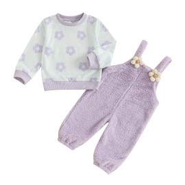 mlpeerw Toddler Baby Girl Clothes Floral Sweatshirt Top And Fleece Jumpsuit Overalls Pants Cute Fall Winter 2Pcs Outfit (Floral Purple, 12-18 Months)