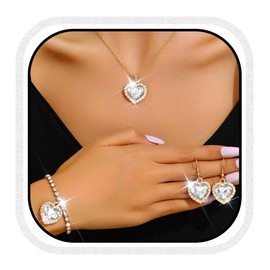 Unicra Heart Gold Jewelry Set Rhinestone Necklace Earrings Bracelet Sets Prom Formal Bridal Wedding Jewelry Sets for Women and Brides (Gold)