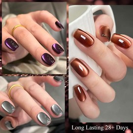 MTSSII Nude Brown Cat Eye Gel Nail Polish Set 6 Colors Glass Magnetic Gel Polish Set Crystal Cateye Gel Polish with Magnet Stick Shimmery Gray Purple Nail Art Salon Home Gift 8Pcs