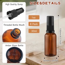 8 Pack Amber Glass Pump Bottle Empty Refillable Lotion Dispenser Container Travel Pump Bottles for Lotion Cream Essential Oils (30ml/1oz)