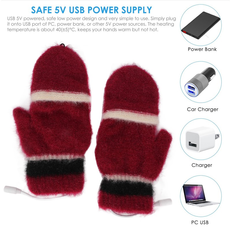 USB Heated Gloves Half Fingerless Flip Burgundy Double Sided Knit