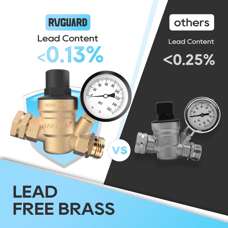 RVGUARD RV Water Pressure Regulator Valve, Brass Lead-Free Adjustable Water