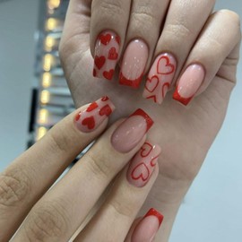 Valentine’s Day Press on Nails Medium Square Fake Nails French Tip Nails Press ons Glossy Glue on Nails Valentines Acrylic Nails Nude False Nails with Red Heart Designs Stick on Nails for Women 24Pcs