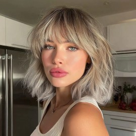 Smilco 2025 Hot Selling European American Fashion Chemical Fiber Golden Gradient Wavy Curly Bangs Wig Silk Top Wig SM030 for Ladiescolor: golden gradient color, Stretched Length: 14 Inches