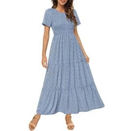 Maggeer Womens 2024 Summer Spring Wedding Guest Dresses Petite Boho Maternity Baby Shower Mommy Mom to Be Easter Smocked Floral Maxi Dress with Sleeves Blue S