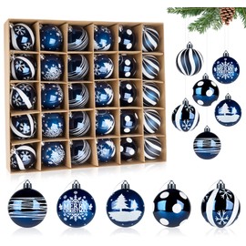 Homewit 30PCS Christmas Balls Box Set, 6CM Shatterproof Plastic Christmas Ball Ornaments Decor 6 Designs Hanging Tree Balls Pendants with Silver Rope, Holiday Party Xmas Baubles Decoration, Blue White