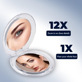 MIRRORVANA Small 12X Magnifying Makeup Mirror for Travel - Lightweight, 12X/1X Dual Sided, Foldable - Portable Vanity Mirror for Handbag, Purse, Pocket - Round 3.3" x 3.3”