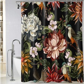 BIVINAR Extra Long Vintage Peonies Roses and Birds Shower Curtain 72 x 84 Inch, Waterproof Fabric Floral Bathroom Shower Curtain with 12 Hooks