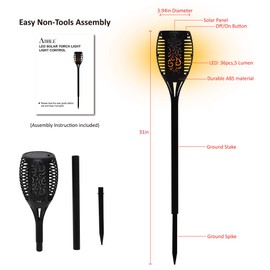 ABBLE 2 Pack Outdoor Solar Powered Lights Upgraded LED Garden Torch Lamp Flickering Flames Lights Waterproof Landscape Decoration Lighting for Patio Deck Yard Outside Set of 2