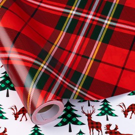 RUSPEPA Christmas Reversible Wrapping Paper Roll, Mini Roll, Classic Red Green Tartan Plaid Design and Cute Reindeer with Christmas Tree Pattern Gift Wrap for Holiday Gifts, 17 Inches x 32.8 Feet