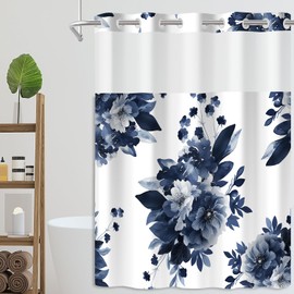 No Hook Shower Curtain with Snap in Liner - Blue Floral Modern Cloth Shower Curtain with Fabric Waterproof Inner Liner,Washable Perfect for Bathroom,71 x 74 Inches, Blue