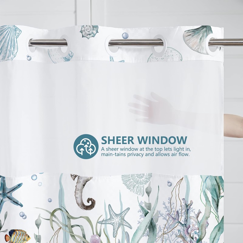 MEHOFOND Nautical Beach No Hook Shower Curtain with Snap in