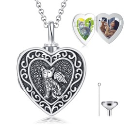 PELOVNY Cat Urn Locket Necklace for Ashes and Pictures 925 Sterling Silver Pet Heart Photo Locket Ashes Necklace Cremation Memorial Keepsake Jewelry for Women Cat Lovers
