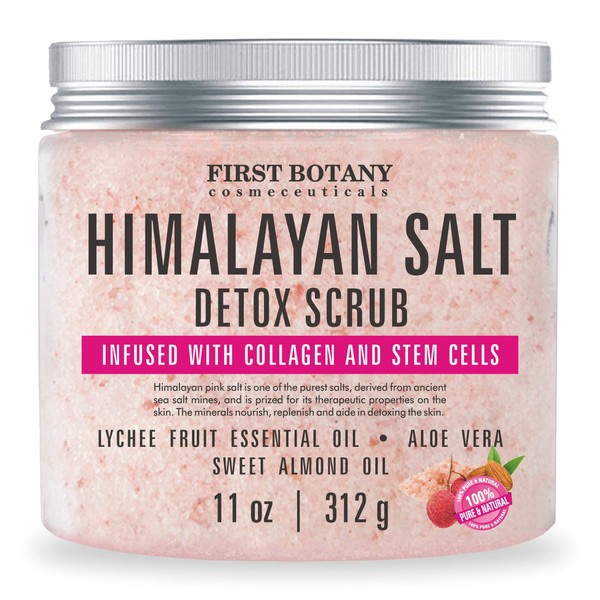 Himalayan Salt Body Scrub with Collagen and Stem Cells - Natural Exfoliating Salt Scrub & Body and Face Souffle helps with Moisturizing Skin, Acne, Cellulite, Dead Skin Scars, Wrinkles (11 oz)