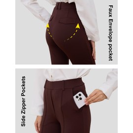 Yoga Dress Pants for Women Straight Leg Stretchy Pull On High Waisted Pants Woman Business Slacks Casual Work Office with Tuck Line Zipper Pockets 27" Brown L