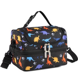 VASCHY - Kids and Boys Insulated Lunch Bag - Separate Compartments, Reusable Lunch Bag with Adjustable Shoulder Strap for School and Picnic (Black Dinosaur)