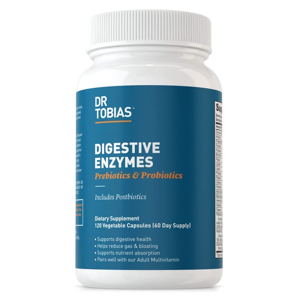 Dr. Tobias Digestive Enzymes with Probiotics, Prebiotics and Postbiotics Bromelain, Amylase, Lipase, for Better Digestion & Immune Function, 120 Capsules 60 Servings (2 Daily)