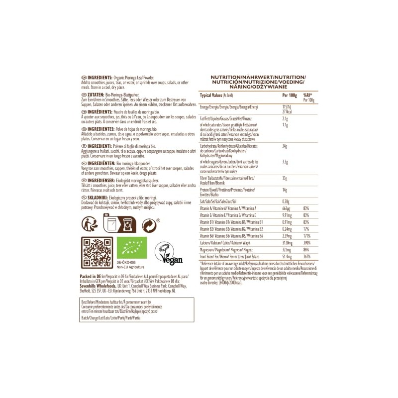 Sevenhills Wholefoods Bio Moringa Oleifera Pulver 400g