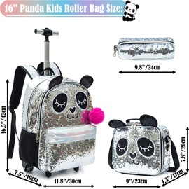 Egchescebo School Kids Rolling Backpack for Girls With Wheels Trolley Wheeled Backpacks Travel Bags 3PCS Panda Backpack With Lunch Box and Pencil Case Kids Rolling Suitcase Silver Sequin Backpack