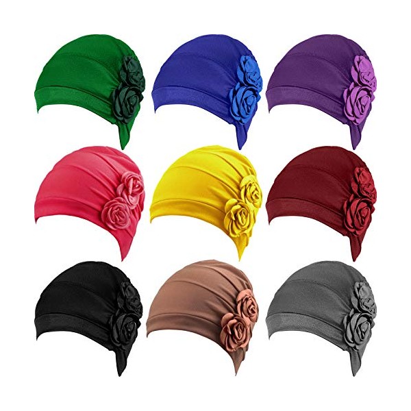 9 Pieces Women Turban Flower Caps Elastic Beanie Hat Headscarf Vintage Flower Head Wraps for Women Girls (Chic Colors)