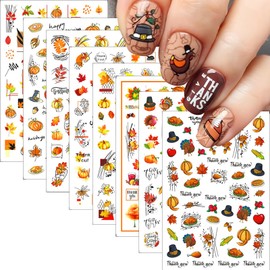 8 Sheets Fall Nail Art Stickers 3D Maple Leaf Self-Adhesive Nail Decals Thanksgiving Fall Leaf Nail Supplies Pumpkin Turkey Nut Nail Design Autumn Thanksgiving Dinner Nail Decoration for Women Girls